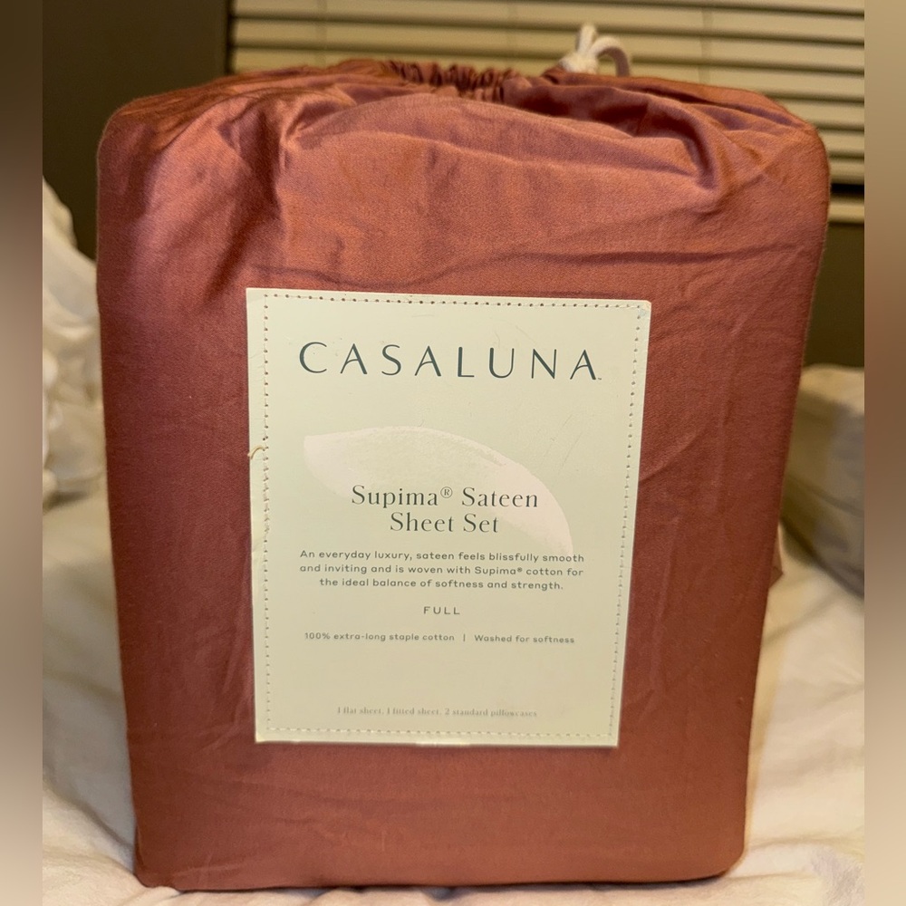 500 Thread Count Supima Sateen Solid Sheet Set, Size FULL, Rose - Casaluna NWT